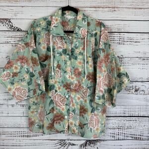 Womens VTG Pia Rucci Cotton Green Floral 1/2 Zip SS Pullover Mock Neck Top Sz 12